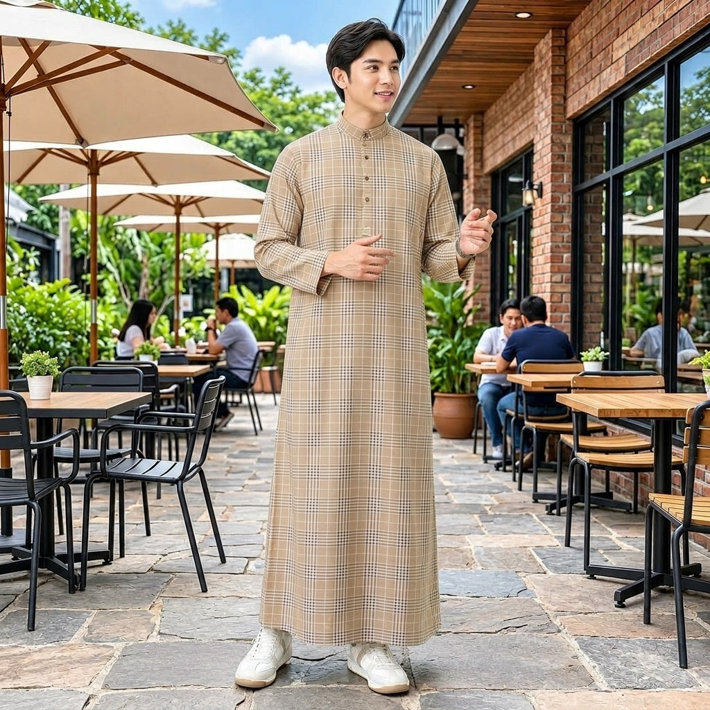 PREMIUM GRID PRINTED MUSLIM JUBAH BAND COLLAR