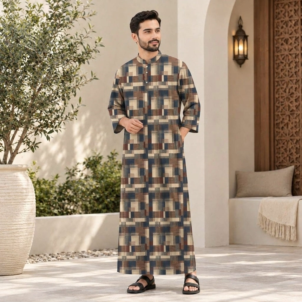 PREMIUM MODERN GEOMETRIC PRINTED BAND COLLAR MUSLIM JUBAH