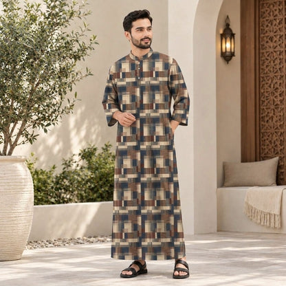 PREMIUM MODERN GEOMETRIC PRINTED BAND COLLAR MUSLIM JUBAH