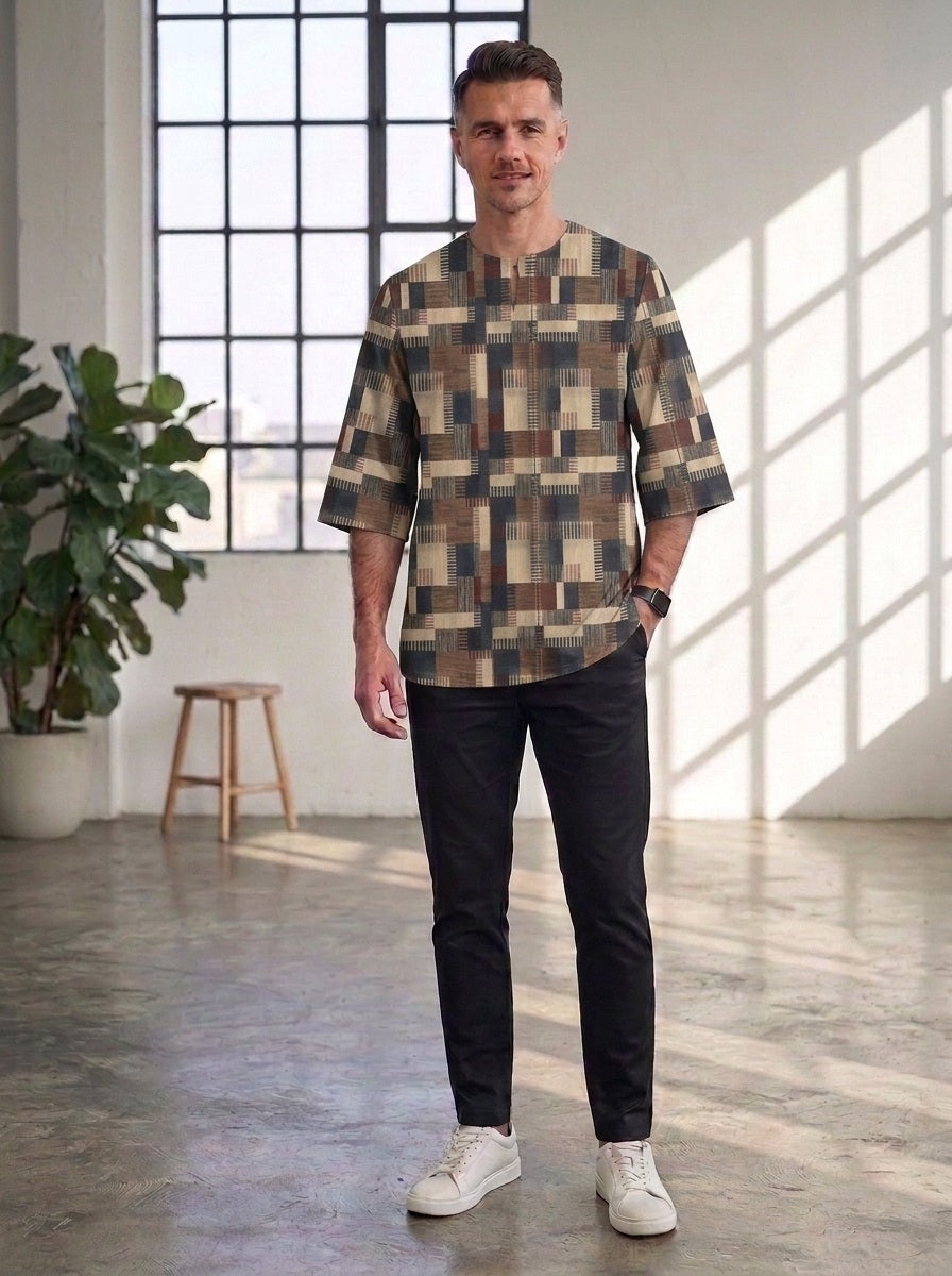 PREMIUM MODERN GEOMETRIC PRINTED ROUND NECK MUSLIM KURTA