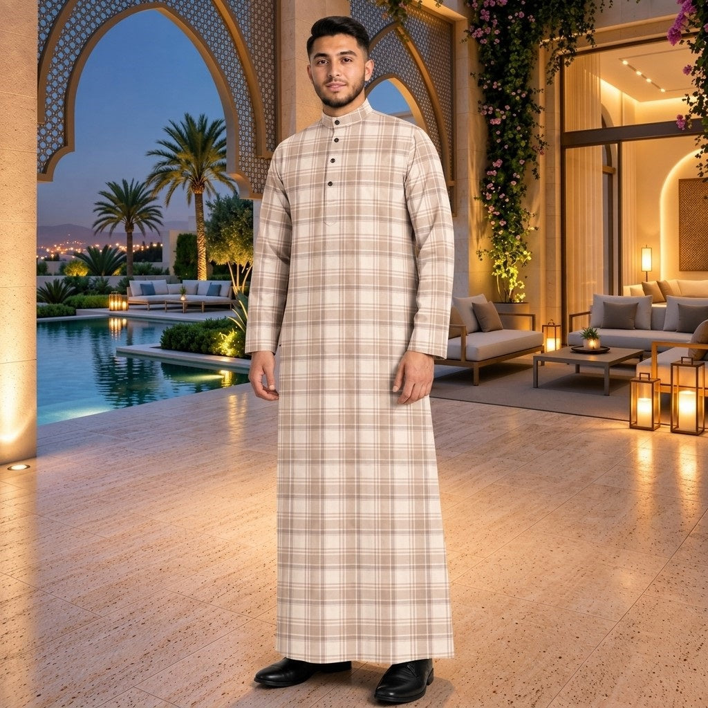 PREMIUM MODERN TARTAN PLAID PRINTED BAND COLLAR MUSLIM JUBAH