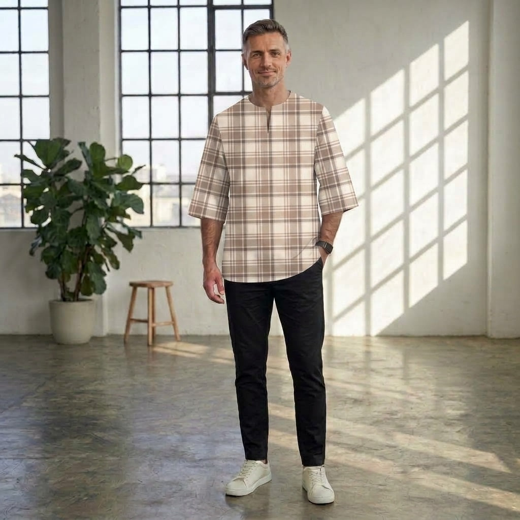 PREMIUM MODERN TARTAN PLAID PRINTED ROUND NECK MUSLIM KURTA