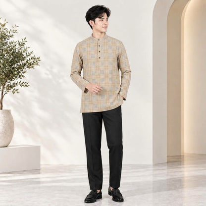 PREMIUM GRID PRINTED BAND COLLAR MUSLIM KURTA