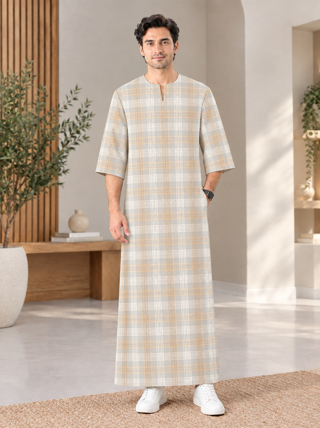 PREMIUM MODERN CLASSIC PLAID PRINTED ROUND NECK MUSLIM JUBAH