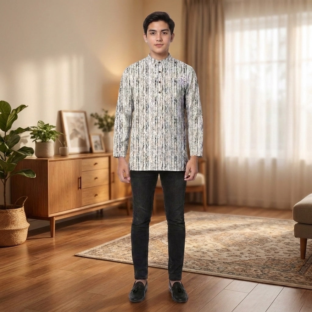 PREMIUM MINIMALIST ABSTRACT VERTICAL PRINTED BAND COLLAR MUSLIM KURTA