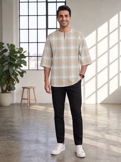 PREMIUM MODERN CLASSIC PLAID PRINTED ROUND NECK MUSLIM KURTA