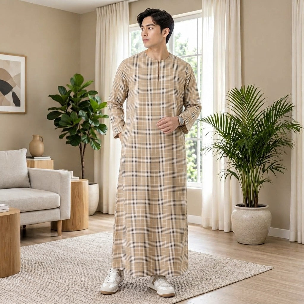 PREMIUM GRID PRINTED ROUND NECK MUSKIM JUBAH