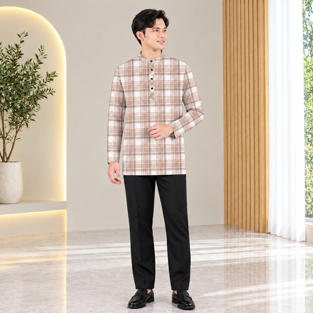 PREMIUM MODERN TARTAN PLAID PRINTED BAND COLLAR MUSLIM KURTA