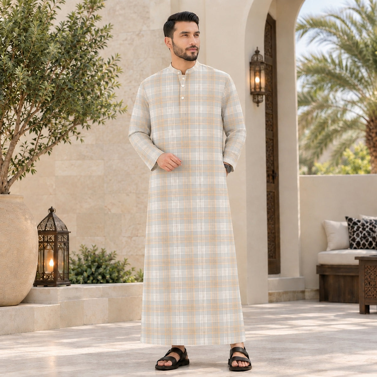 PREMIUM MODERN CLASSIC PLAID PRINTED BAND COLLAR MUSLIM JUBAH