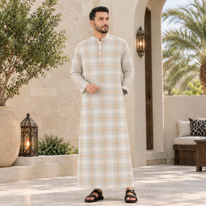 PREMIUM MODERN CLASSIC PLAID PRINTED BAND COLLAR MUSLIM JUBAH