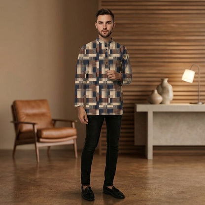 PREMIUM MODERN GEOMETRIC PRINTED BAND COLLAR MUSLIM KURTA