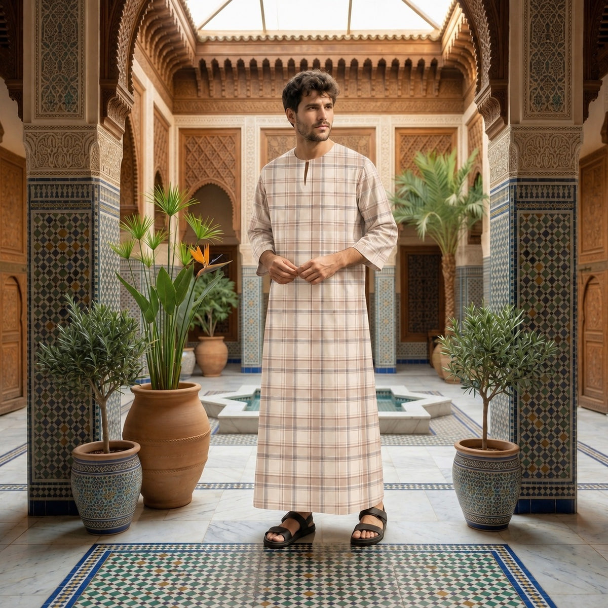 PREMIUM MODERN TARTAN PLAID PRINTED ROUND NECK MUSLIM JUBAH