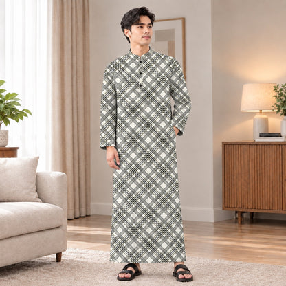 PREMIUM MODERN PLAID PRINTED BAND COLLAR MUSLIM JUBAH