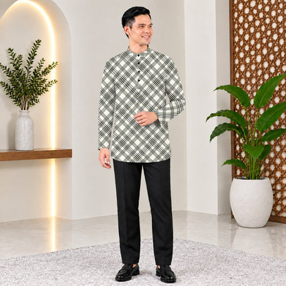 PREMIUM MODERN PLAID PRINTED BAND COLLAR MUSLIM KURTA