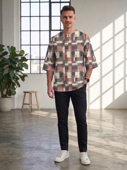 PREMIUM MODERN GEOMETRIC PRINTED ROUND NECK MUSLIM KURTA