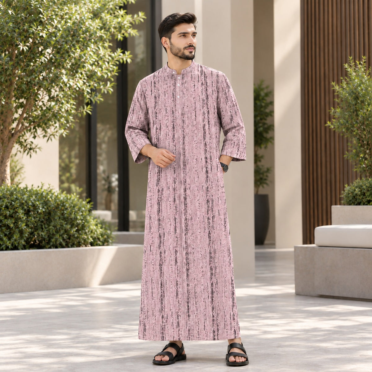 PREMIUM MINIMALIST ABSTRACT VERTICAL PRINTED BAND COLLAR MUSLIM JUBAH
