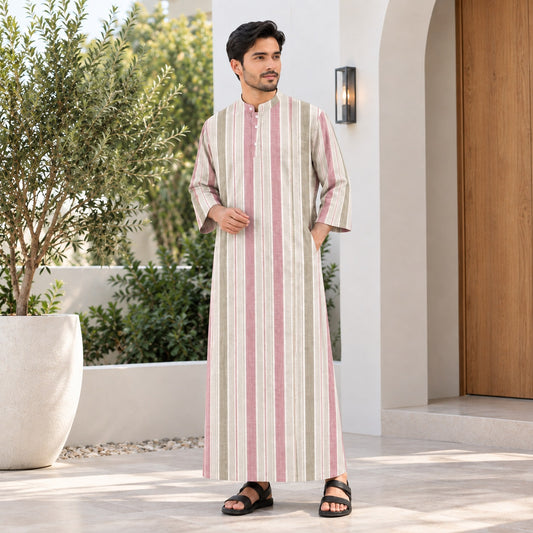 PREMIUM MODERN MULTI-STRIPE PRINTED BAND COLLAR MUSLIM JUBAH