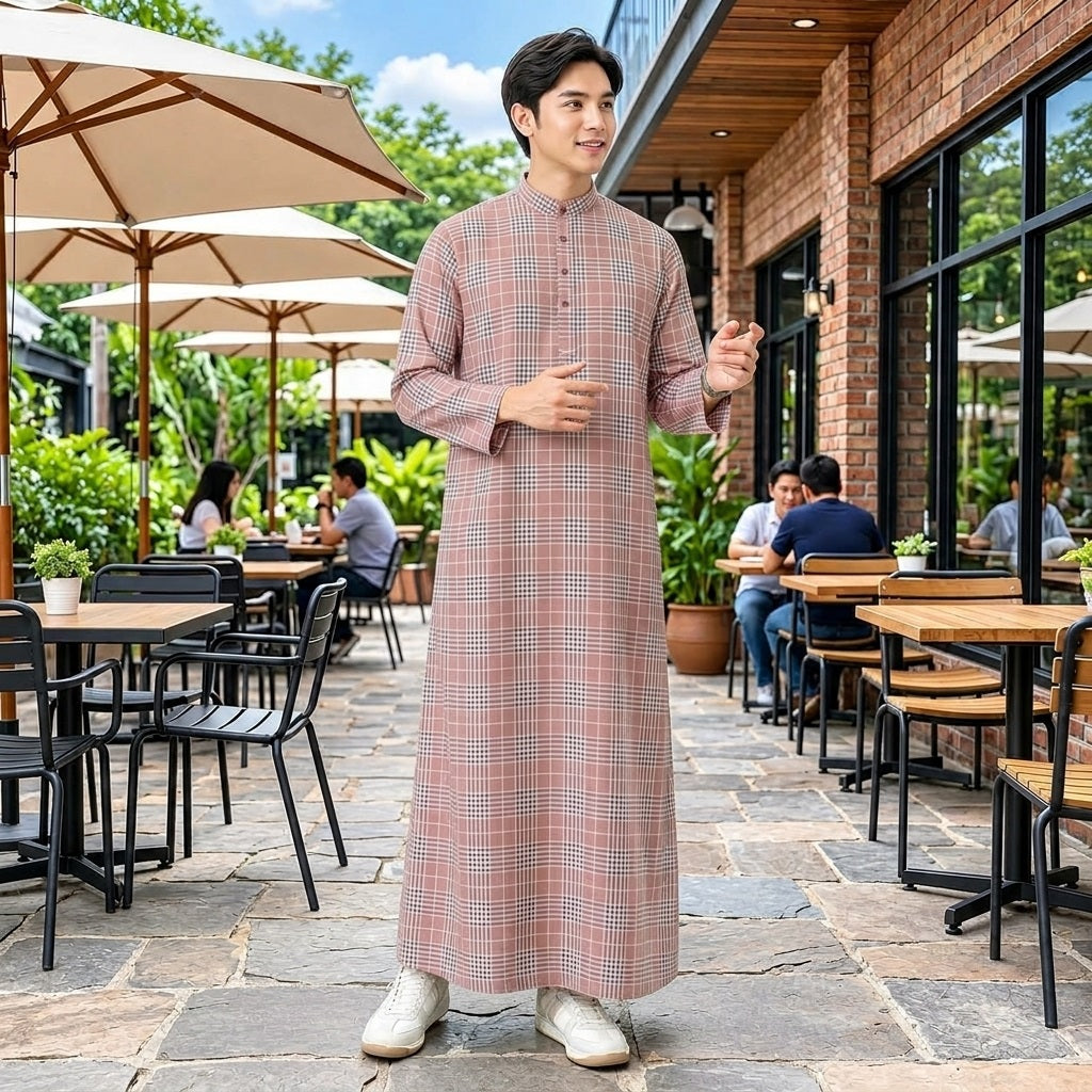 PREMIUM GRID PRINTED MUSLIM JUBAH BAND COLLAR