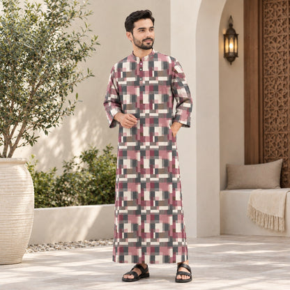 PREMIUM MODERN GEOMETRIC PRINTED BAND COLLAR MUSLIM JUBAH