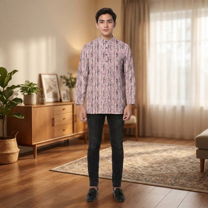 PREMIUM MINIMALIST ABSTRACT VERTICAL PRINTED BAND COLLAR MUSLIM KURTA