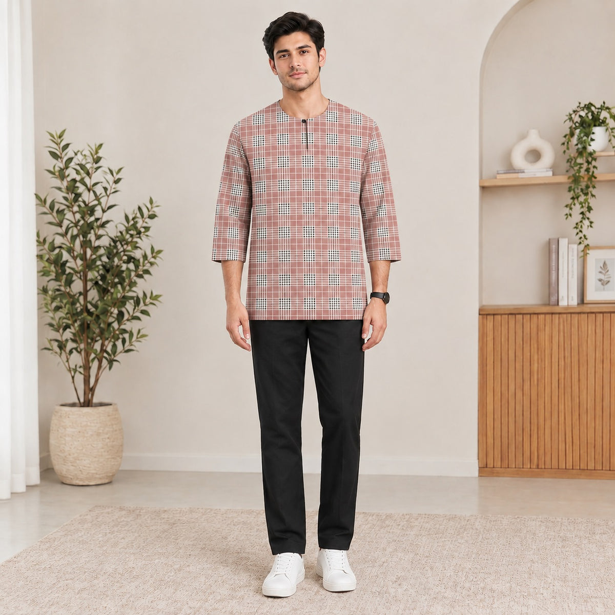 PREMIUM GRID PRINTED ROUND NECK MUSLIM KURTA