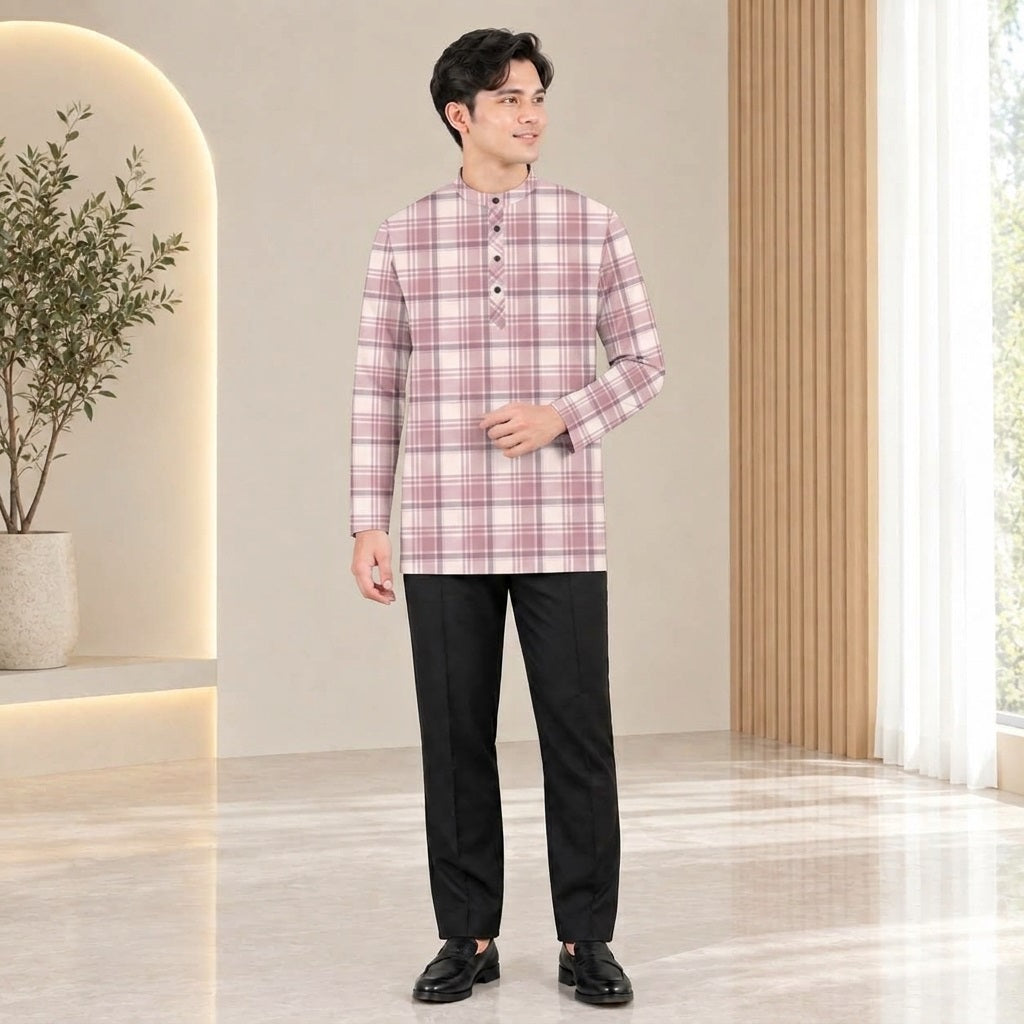 PREMIUM MODERN TARTAN PLAID PRINTED BAND COLLAR MUSLIM KURTA