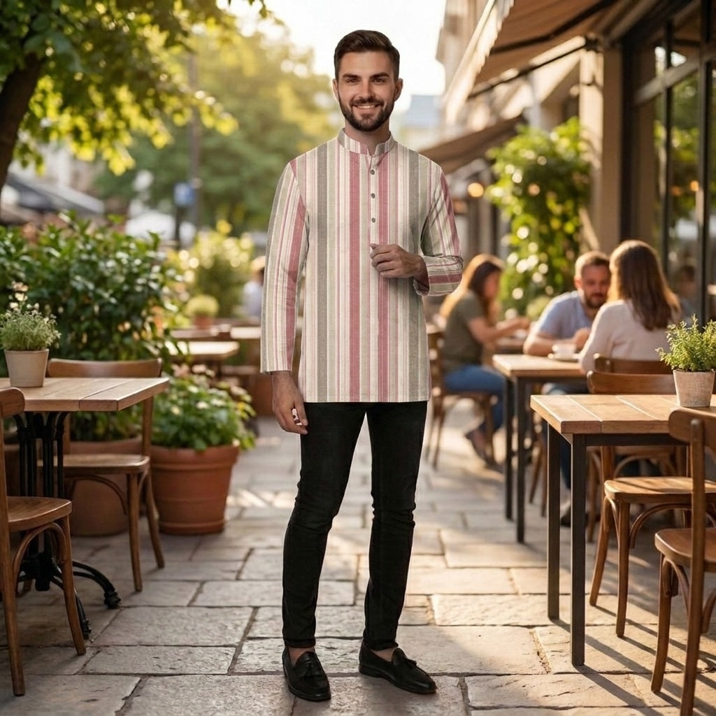 PREMIUM MULTI-STRIPE PRINTED BAND COLLAR MUSLIM KURTA