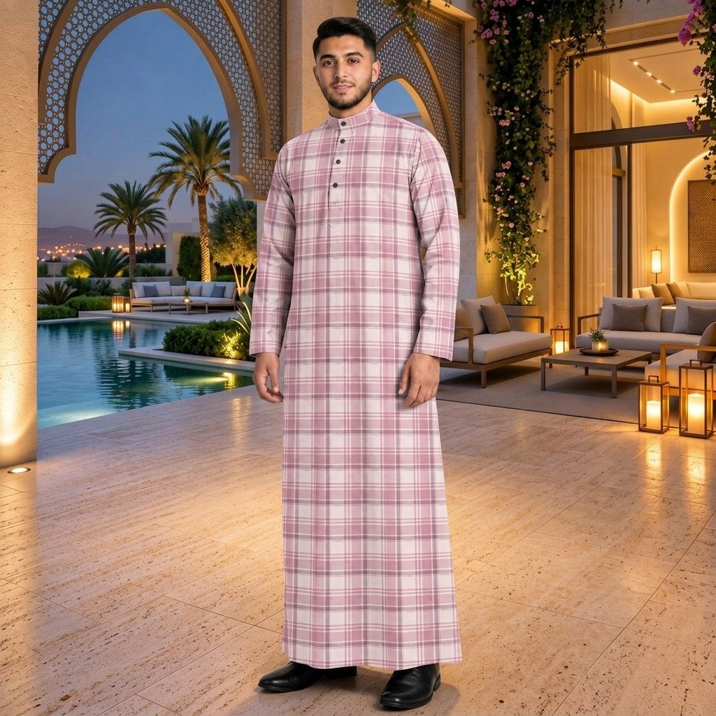 PREMIUM MODERN TARTAN PLAID PRINTED BAND COLLAR MUSLIM JUBAH