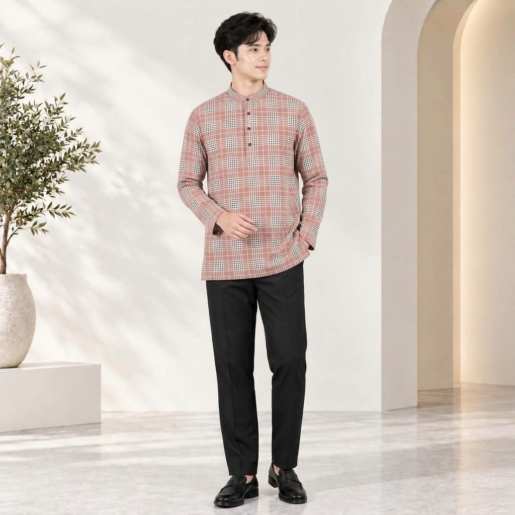 PREMIUM GRID PRINTED BAND COLLAR MUSLIM KURTA
