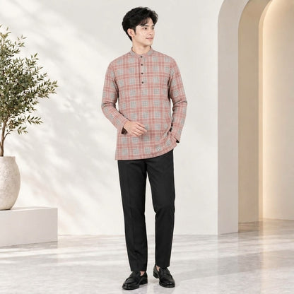 PREMIUM GRID PRINTED BAND COLLAR MUSLIM KURTA