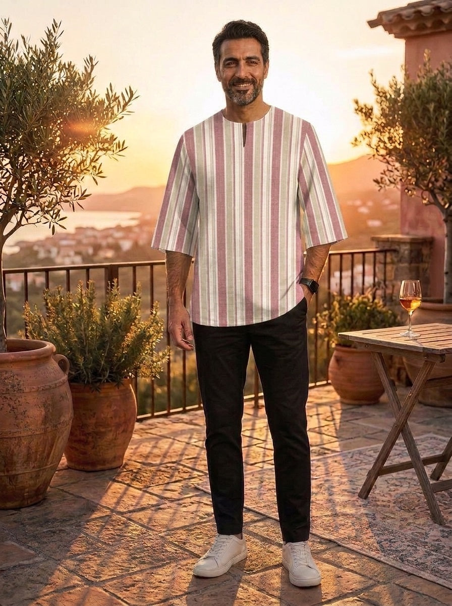 PREMIUM MODERN MULTI-STRIPE PRINTED ROUND NECK MUSLIM KURTA