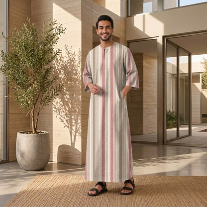 PREMIUM MODERN MULTI-STRIPE PRINTED ROUND NECK MUSLIM JUBAH