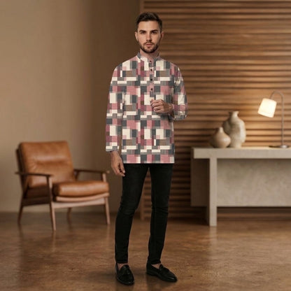 PREMIUM MODERN GEOMETRIC PRINTED BAND COLLAR MUSLIM KURTA