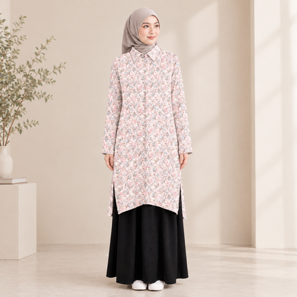 PREMIUM DELICATE FLORAL PRINTED CLASSIC POINT COLLAR LONG BLOUSE