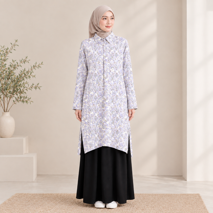 PREMIUM DELICATE FLORAL PRINTED CLASSIC POINT COLLAR LONG BLOUSE