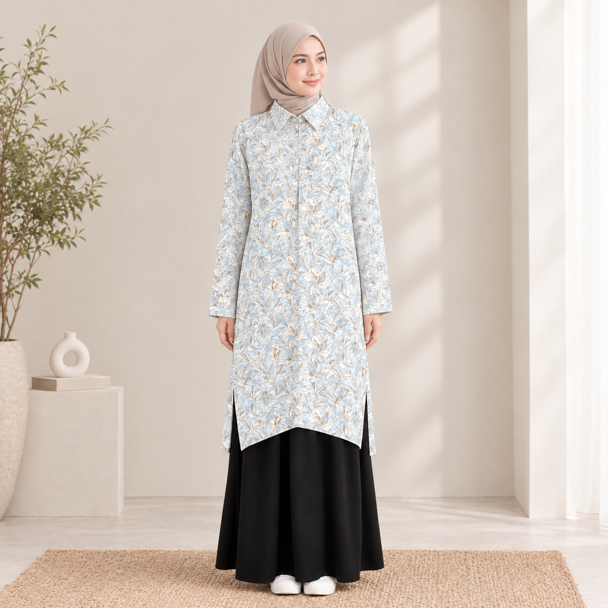 PREMIUM DELICATE FLORAL PRINTED CLASSIC POINT COLLAR LONG BLOUSE