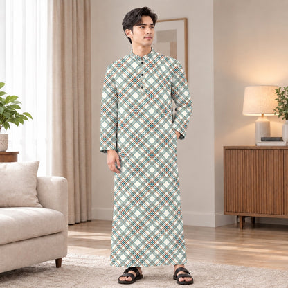 PREMIUM MODERN PLAID PRINTED BAND COLLAR MUSLIM JUBAH