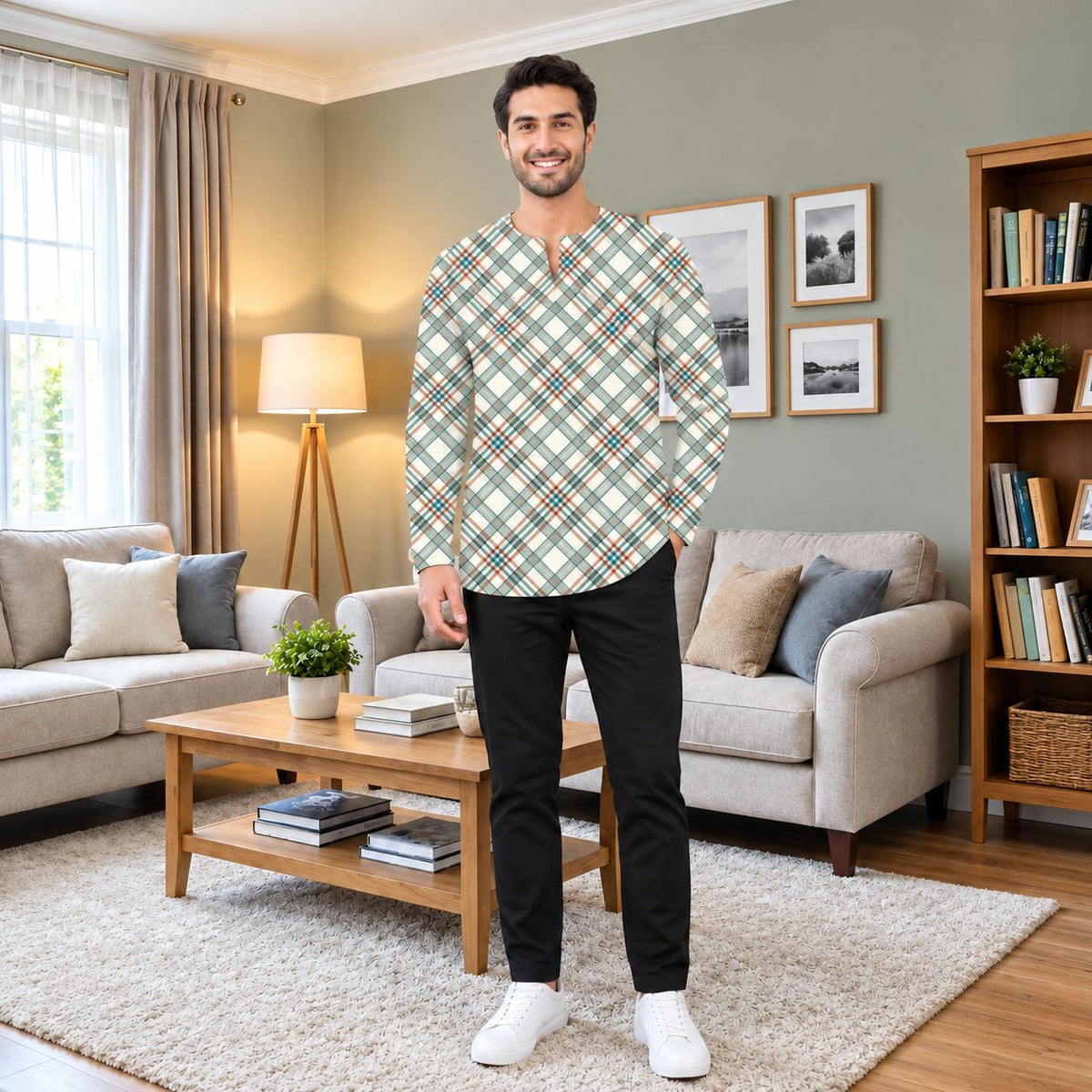 PREMIUM MODERN PLAID PRINTED ROUND NECK MUSLIM KURTA