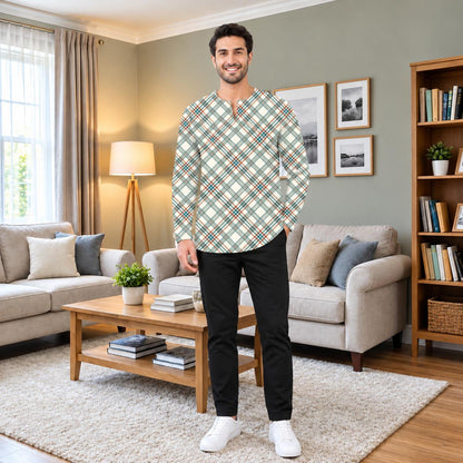 PREMIUM MODERN PLAID PRINTED ROUND NECK MUSLIM KURTA