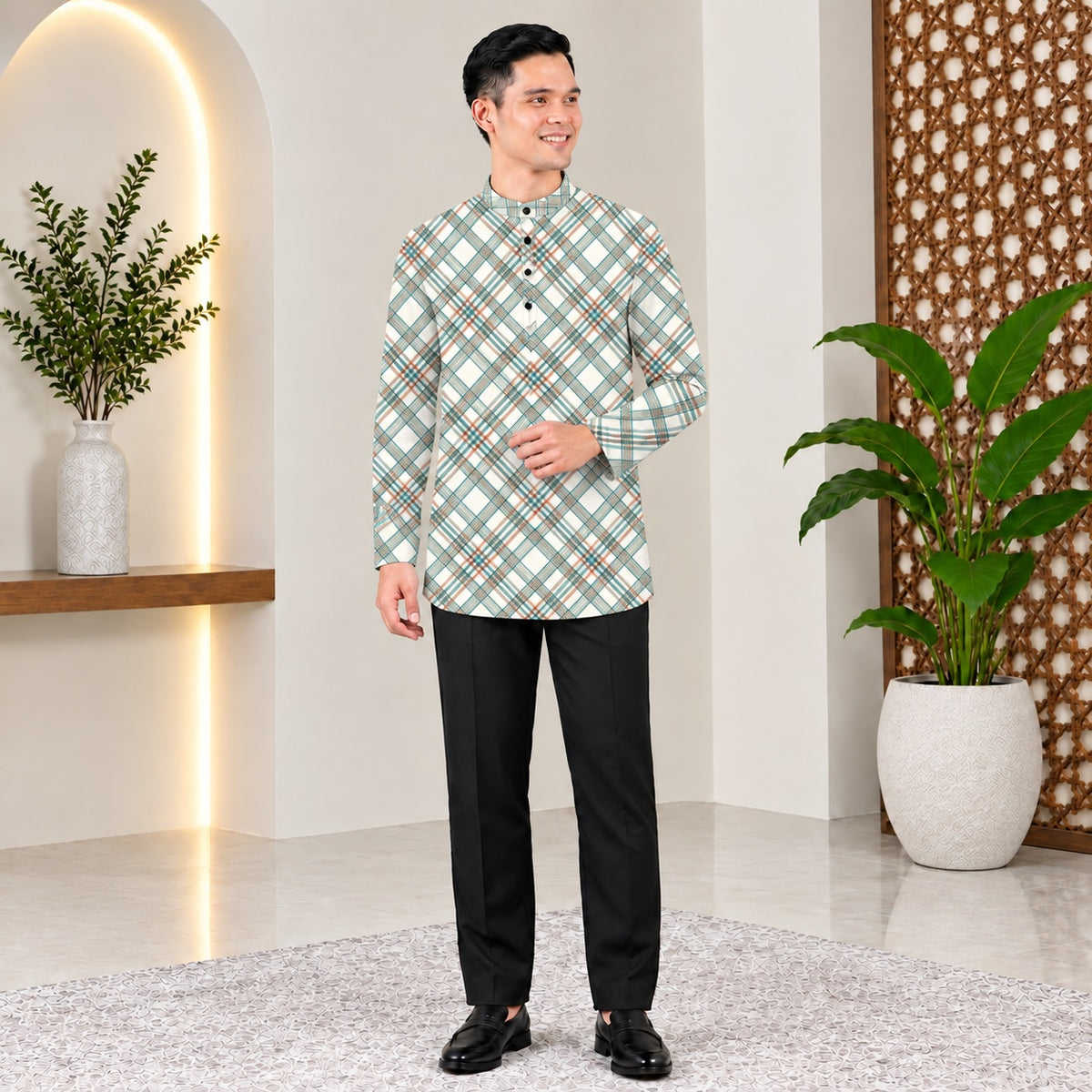 PREMIUM MODERN PLAID PRINTED BAND COLLAR MUSLIM KURTA
