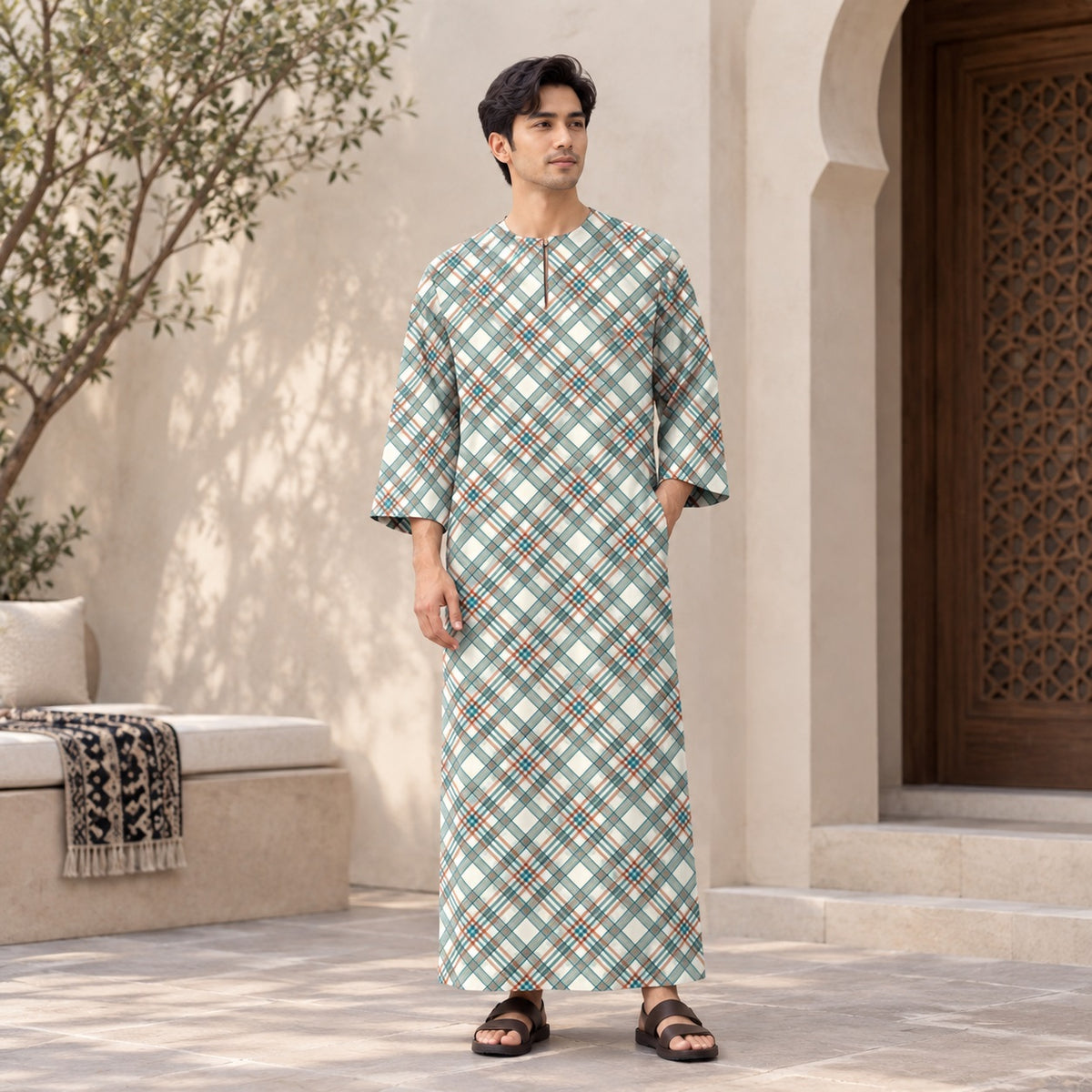 PREMIUM MODERN PLAID PRINTED ROUND NECK MUSLIM JUBAH