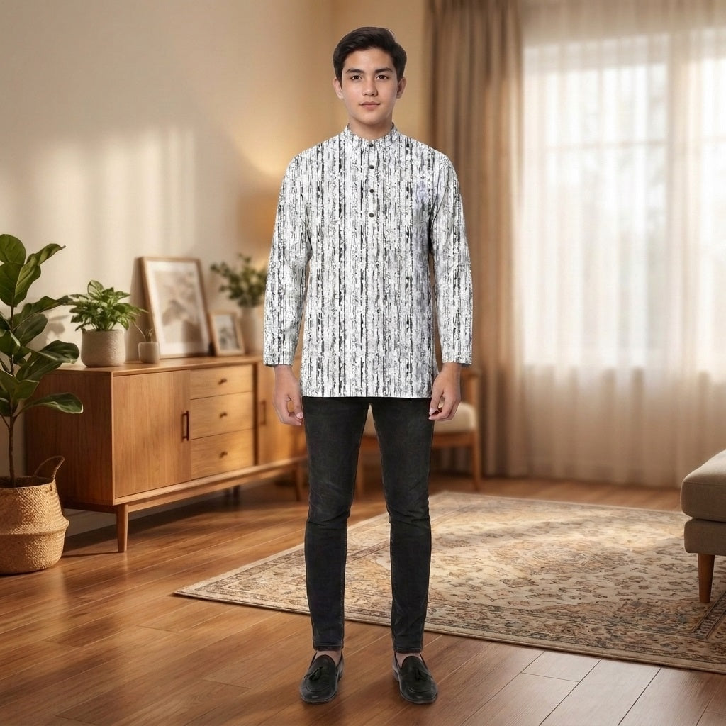 PREMIUM MINIMALIST ABSTRACT VERTICAL PRINTED BAND COLLAR MUSLIM KURTA