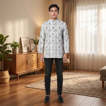 PREMIUM MINIMALIST ABSTRACT VERTICAL PRINTED BAND COLLAR MUSLIM KURTA