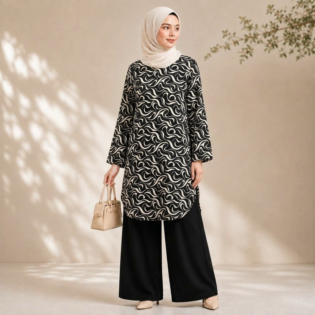 PREMIUM ABSTRACT SWIRL PRINTED LONG BLOUSE