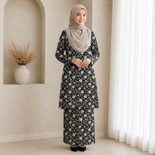 PREMIUM FLORAL PRINTED KURUNG (BLACK)