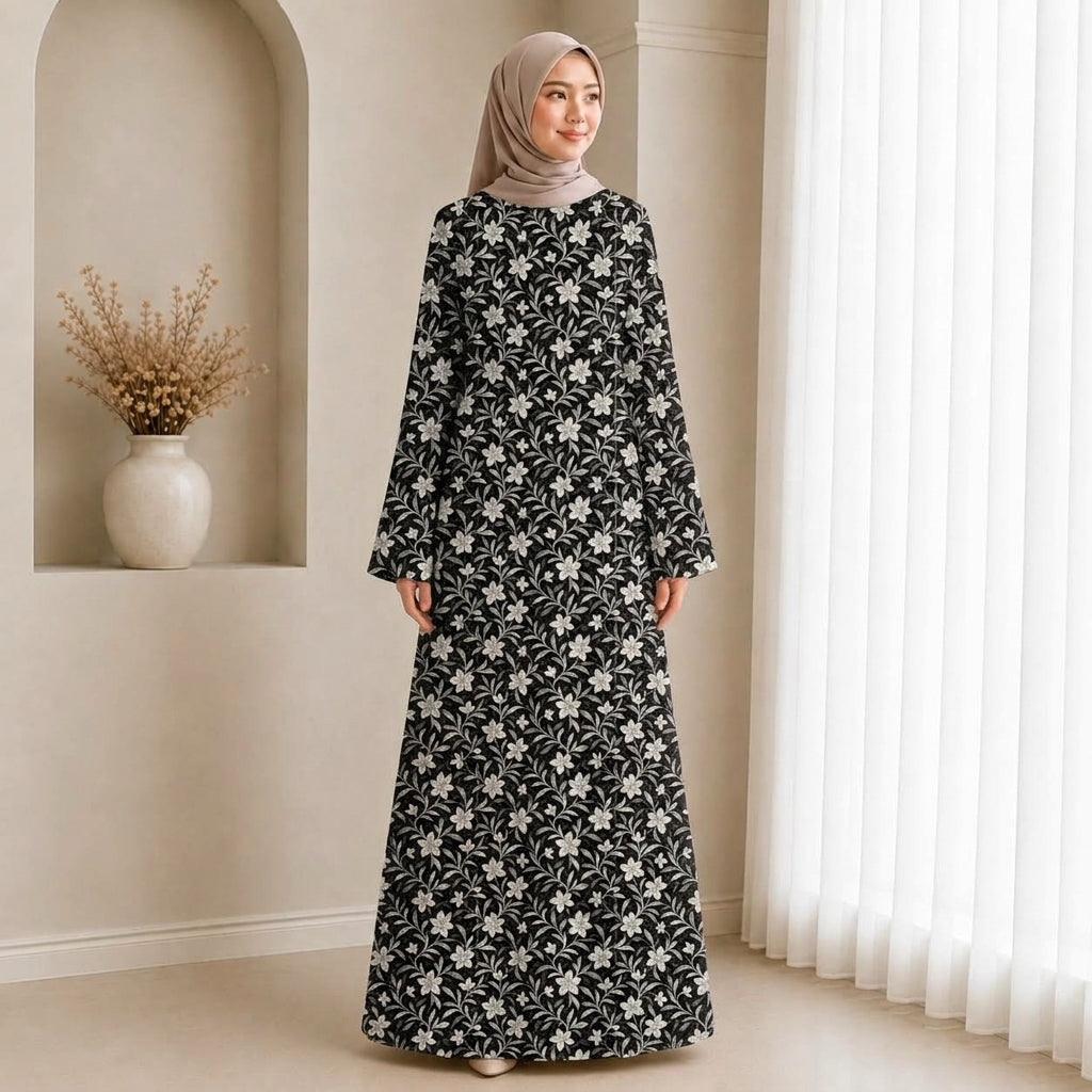 PREMIUM FLORAL PRINTED JUBAH MUSLIMAH (BLACK)