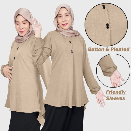Blouse Button Pleated Tangan Panjang Wanita Muslim