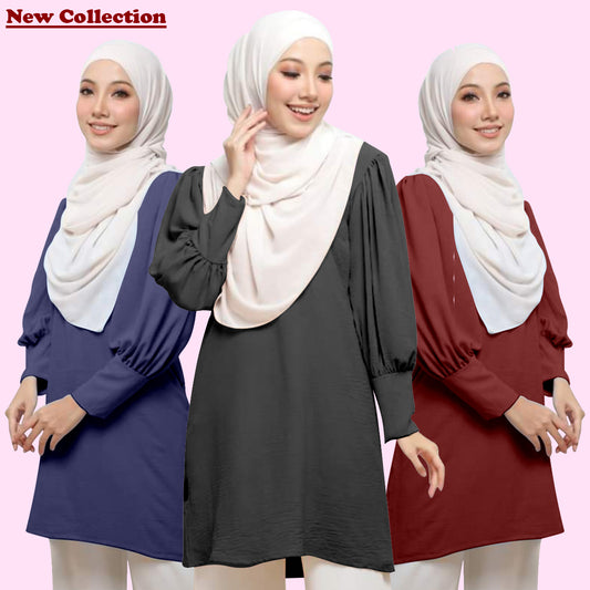 Blouse Tunic Tangan Balon Panjang Wanita Muslim Kekinian