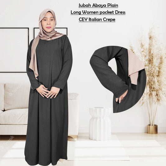 Gamis Abaya Polos Wanita Muslim Kantong Pinggir Tangan Panjang