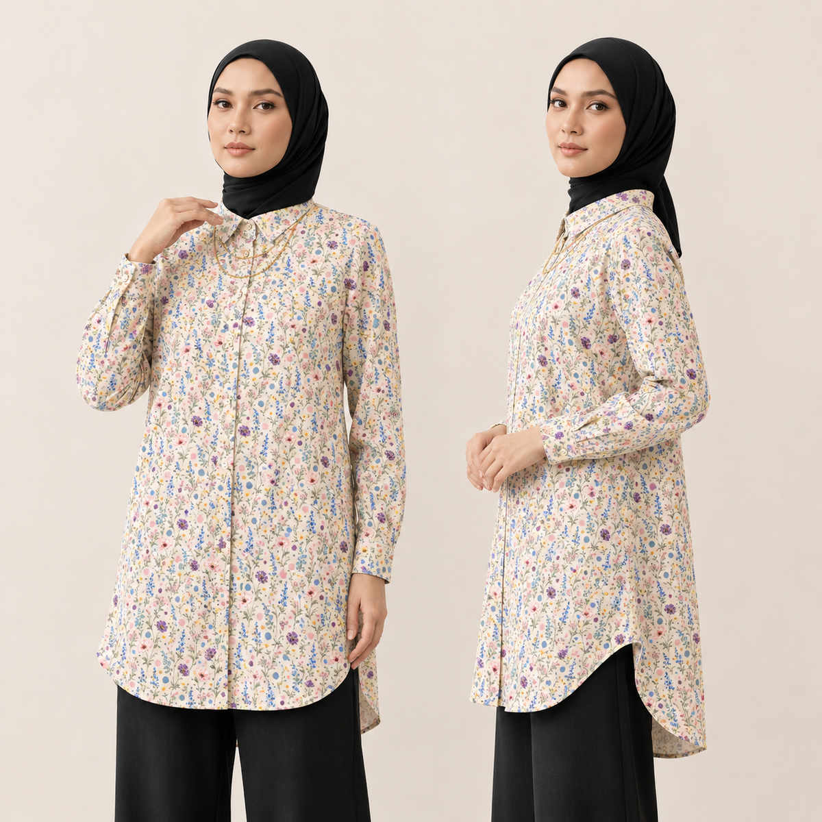 PREMIUM MODERN BATANICAL PRINTED COLLAR LONG BLOUSE